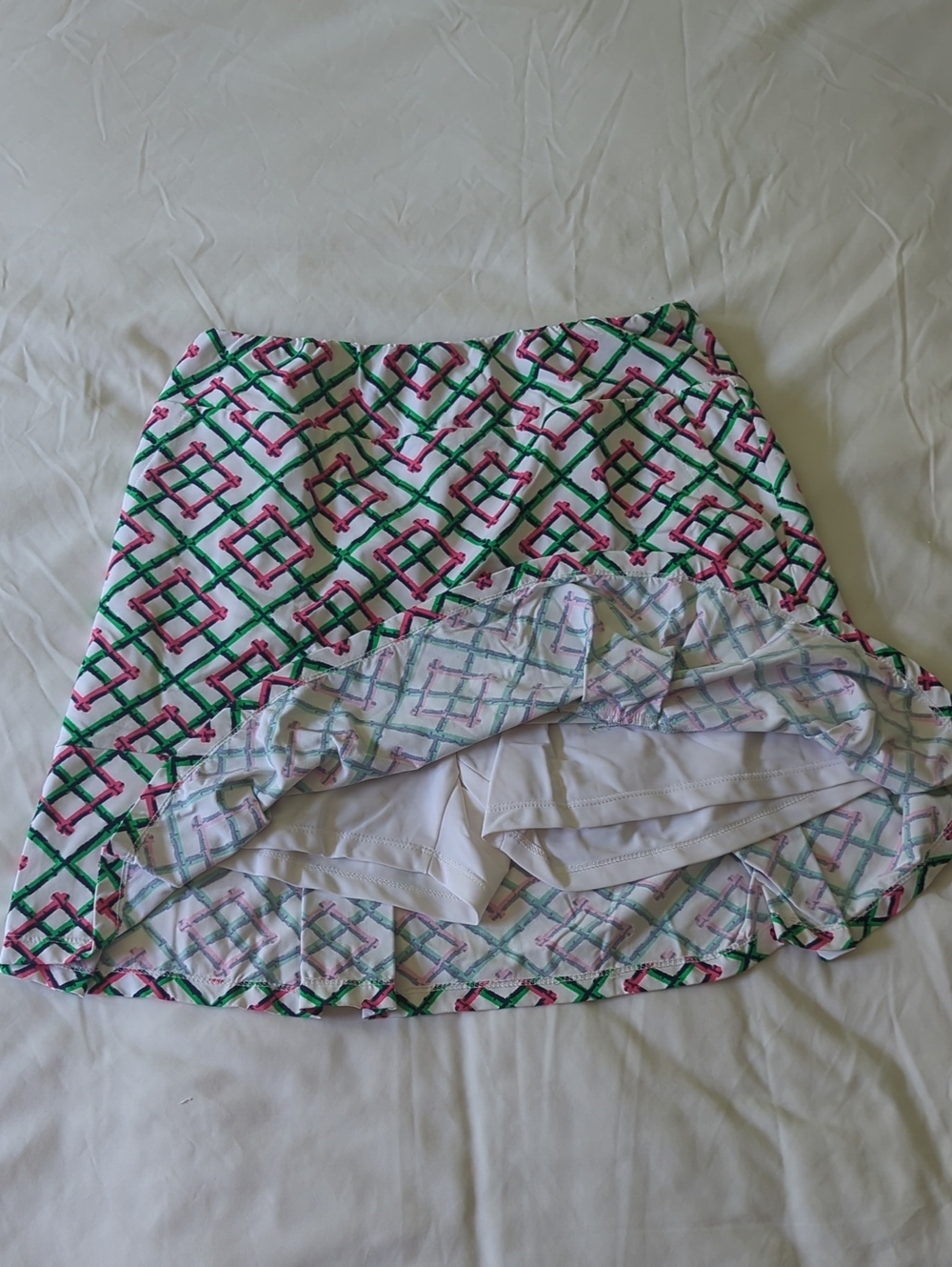 Katherine Way White Skirt with Green & Pink Lattice Print